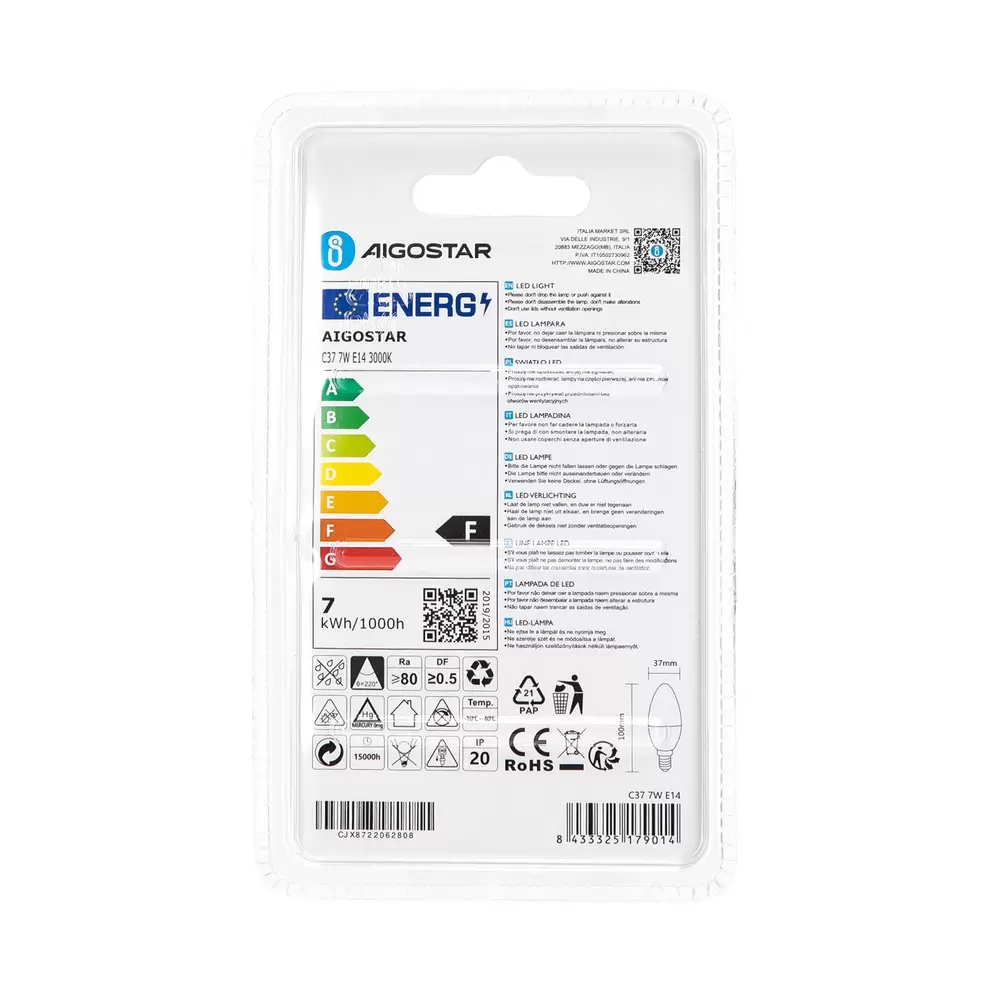 Lampadina Led E14 C35 a candela 7W Bianco caldo 3000K Aigostar - immagine 5