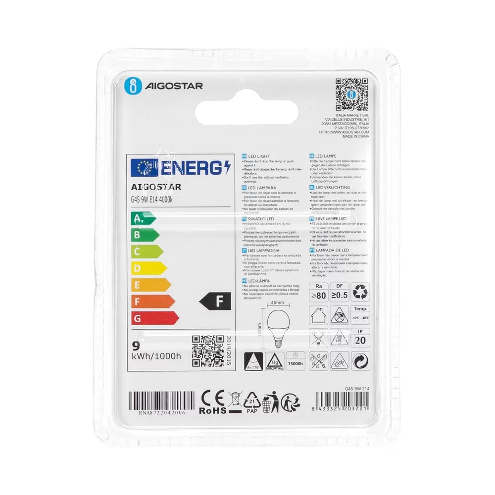 Lampadina Led E14 G45 a sfera 9W Bianco neutro 4000K Aigostar - immagine 5